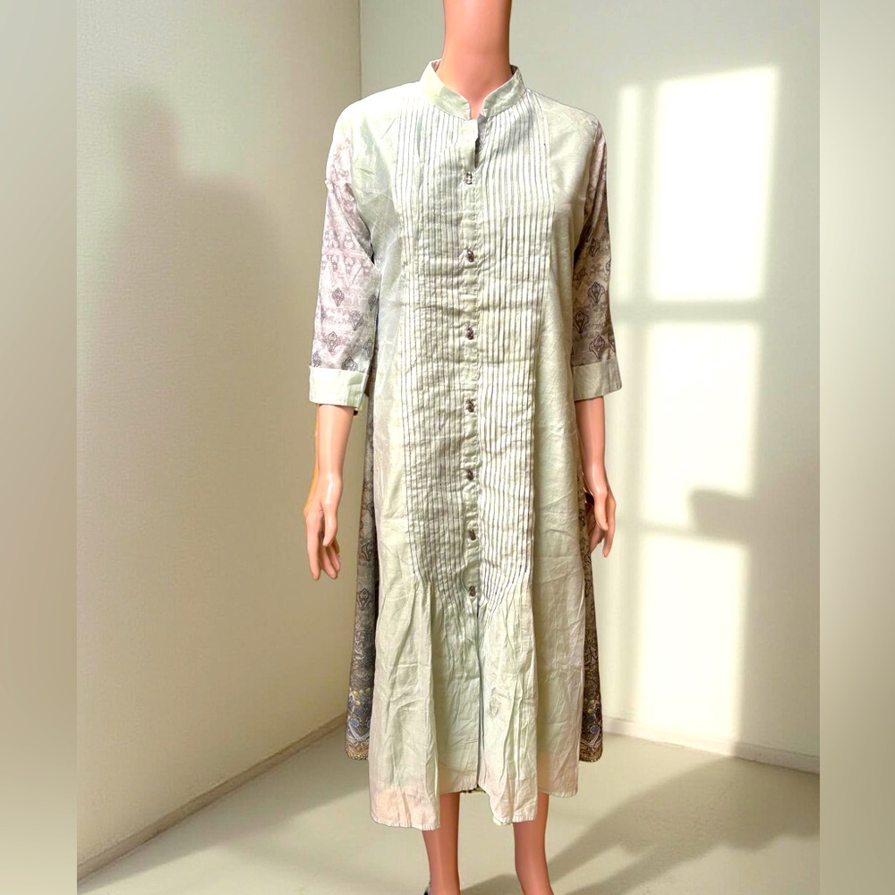 Green 3/4 Sleeve A-Line Midi Dress, Nehru Collar